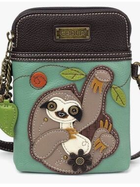 Chala Teal Sloth Appliqué Crossbody with Brown Trim